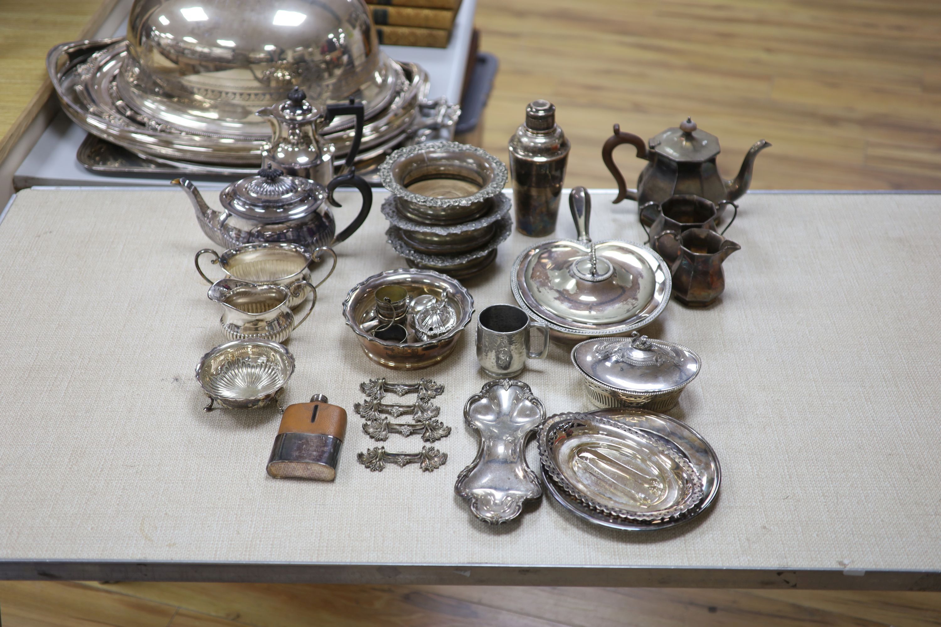 A large quantity of mixed plated wares including tureens and covers